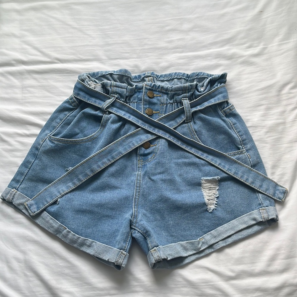 Belted Distressed Paperbag Denim Shorts